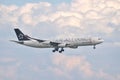 Turkish Airlines Airbus A340 landing at Istanbul Ataturk Airport Royalty Free Stock Photo