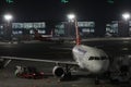 Turkish Airlines plane at terminal, night scene, New Istanbul Airport