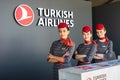 Turkish Airlines stewardesses at Teknofest Ankara. Cabin crew members, smiling women portrait.