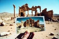 Turkish ancient ruins after earthquake. Hand holding old photography.