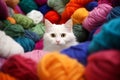 Turkish Angora cat hiding in multicolored balls yarn balls. Little curious kitten looking at the camera