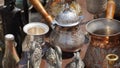 Turkish and and Arabic traditional copper coffee pots - Cezve Royalty Free Stock Photo