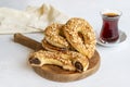 Turkish Ay coregi and tea. moon cookie on white background.