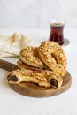 Turkish Ay coregi and tea. moon cookie on white background.