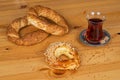 Turkish Bagel (Simit) and ay coregi with traditional Turkish tea