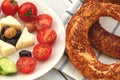 Turkish bagel simit, gevrek. Turkish breakfast. Royalty Free Stock Photo