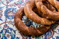 Turkish Bagel Simit on ottoman pattern surface. Royalty Free Stock Photo
