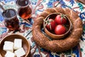 Turkish Bagel Simit with tea, cheese and cherry tomatoes on ottoman pattern surface. Royalty Free Stock Photo
