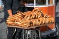 Turkish bagels simit with sesame are sold on the street Royalty Free Stock Photo