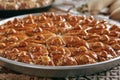 Turkish Baklava in a Round Metal Tray on Vintage Traditional Tablecloth Royalty Free Stock Photo