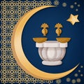 Turkish bath, hamam with copper bowls with oriental decoration, moon, and star on dark blue background. Royalty Free Stock Photo
