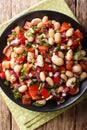 Turkish Bean Salad Piyaz with tomatoes, onions, peppers and cilantro close-up. Vertical top view