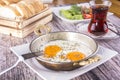 Turkish Breakfast - Fried Egg, Bread, Salad and Tea Royalty Free Stock Photo