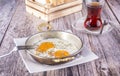 Turkish Breakfast - Fried Egg, Bread AND Tea Royalty Free Stock Photo