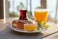 Turkish Breakfast with honey in honeycombs Royalty Free Stock Photo