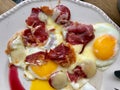 Turkish Breakfast Sucuk with Fried Eggs / Pastrami or Sujuk. Traditional Food