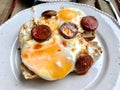 Turkish Breakfast Sucuk with Fried Eggs / Salami or Sujuk. Traditional Food