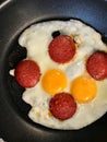 Turkish Breakfast Sucuk with Frying Eggs in Pan / Salami or Sujuk