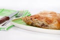 Turkish burek with meat on a green plate with fork and knife Royalty Free Stock Photo
