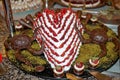 Turkish cake in a heart shape. Traditional Turkish delight in the hotel buffet in Turkey. Antalya region, South Turkey