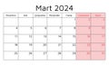 TURKISH calendar for March 2024. Vector illustration. Monthly planning for business in Turkey