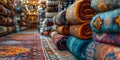 Turkish carpet shop in Bodrum Turkey showcasing colorful rugs for sale in a vibrant display. Royalty Free Stock Photo