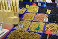 Turkish cheese and various olives sold at the market