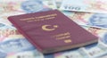 Turkish citizen public passport and Turkish Lira banknotes Royalty Free Stock Photo