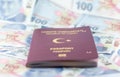 Turkish citizen public passport and Turkish Lira banknotes Royalty Free Stock Photo