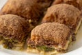 Turkish close up baklava with cocoa and milk on white plate Royalty Free Stock Photo