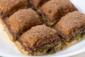 Turkish close up baklava with cocoa and milk on white plate Royalty Free Stock Photo