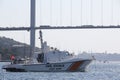 Turkish Coast Guard boat is waiting for duty near The Bosphorus Bridge