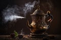 turkish coffee being brewed in traditional copper pot, with smoke wafting from the surface Royalty Free Stock Photo