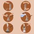 Turkish Coffee Brewing Instruction Vector Illustration Icons Set