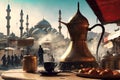 turkish coffee brewing, with view of busy bazaar in the background