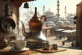 turkish coffee brewing, with view of busy bazaar in the background