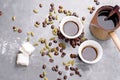 Turkish Coffee with coffee beans and Cardamom scattered on a vintage background Royalty Free Stock Photo