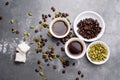 Turkish Coffee with coffee beans and Cardamom scattered on a vintage background Royalty Free Stock Photo