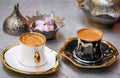 Turkish coffee with loukum or Turkish delight at a restaurant, Istanbul, Turkey