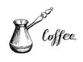 Turkish coffee maker Cezve hand drawn sketch with lettering Royalty Free Stock Photo