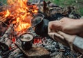 Turkish coffee making process on campfire