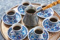 Turkish coffee many cups on the table. Selective focus.