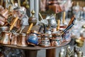 Turkish coffee pots, also know as ibrik, cezve, and briki in a street maket Royalty Free Stock Photo