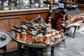 Turkish coffee pots, also know as ibrik, cezve, and briki in a street maket Royalty Free Stock Photo