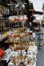 Turkish coffee pots, also know as ibrik, cezve, and briki in a street maket Royalty Free Stock Photo