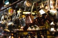 Turkish coffee pots, also know as ibrik, cezve, and briki in a street maket Royalty Free Stock Photo