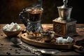a turkish coffee ritual, with a cup of freshly brewed coffee, sugar cubes and a special tool for brewing