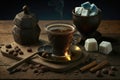 a turkish coffee ritual, with a cup of freshly brewed coffee, sugar cubes and a special tool for brewing