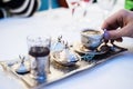 Turkish coffee served in Anatolian silverware Royalty Free Stock Photo