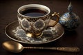 turkish coffee served in delicate china cup, with miniature spoon and demitasse spoon